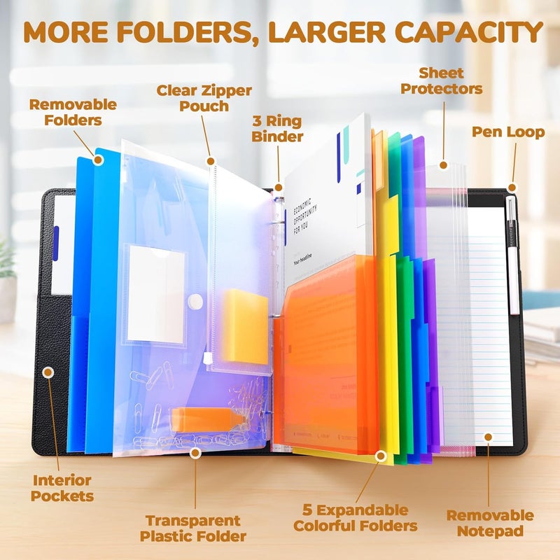 JoyCat 3 Ring Binder Clipboard with Storage,12.4"x10.2"Magnetic Clipboard Folder with 5 Expandable Folders,Refillable Lined Notepad (11" x 8.5"),Ideal for School Office Nursing(Black) - Image 2